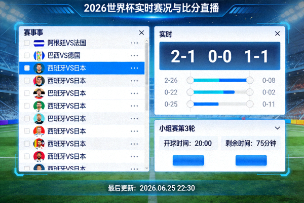 2026世界杯数据库实时赛况与比分直播跟踪面板