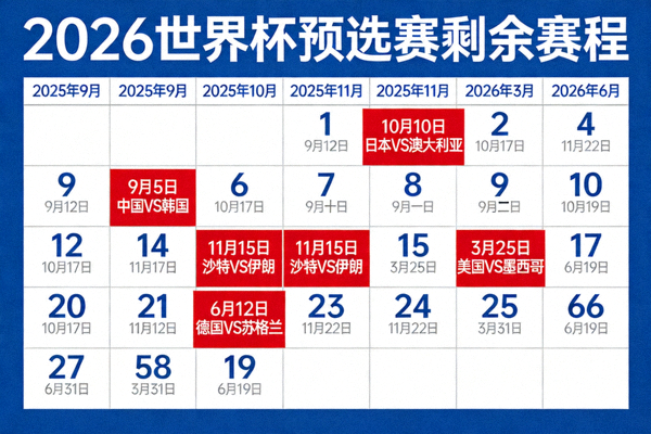 2026世界杯预选赛剩余赛程日历视图，标记关键比赛日