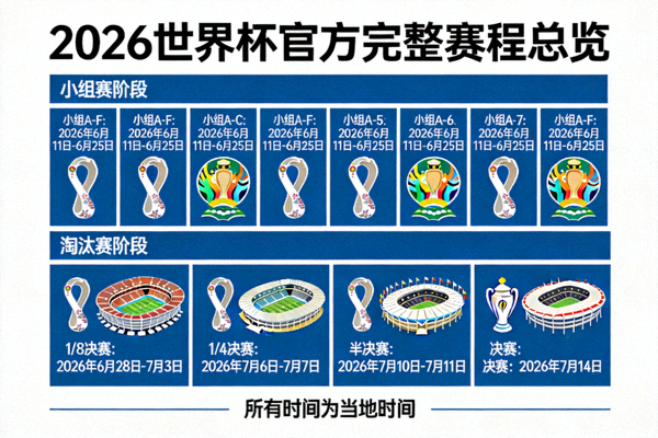 2026世界杯官方完整赛程总览图表，显示所有比赛阶段和时间