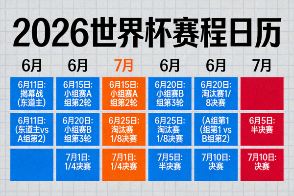 2026世界杯赛程日历视图，标记所有比赛日期
