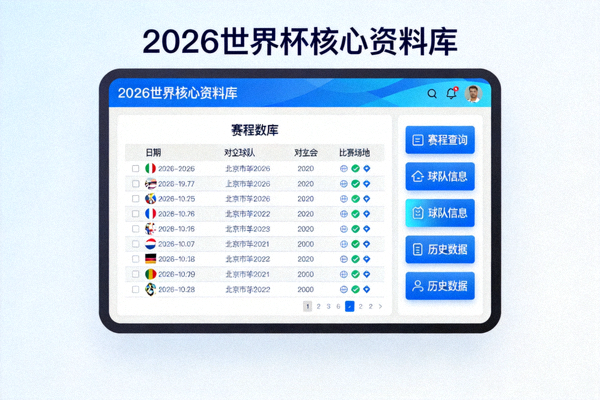 2026世界杯核心资料库主界面，展示可查询的赛程数据库