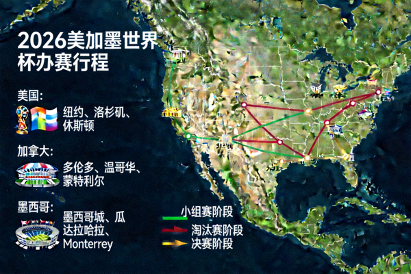 2026美加墨世界杯三国办赛行程图，展示球队在不同国家间的移动路线